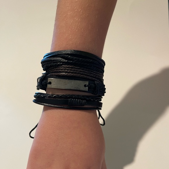 Black Adjustable Leather Braided Bracelet Set Rope Multilayer Wristban - Picture 5 of 7